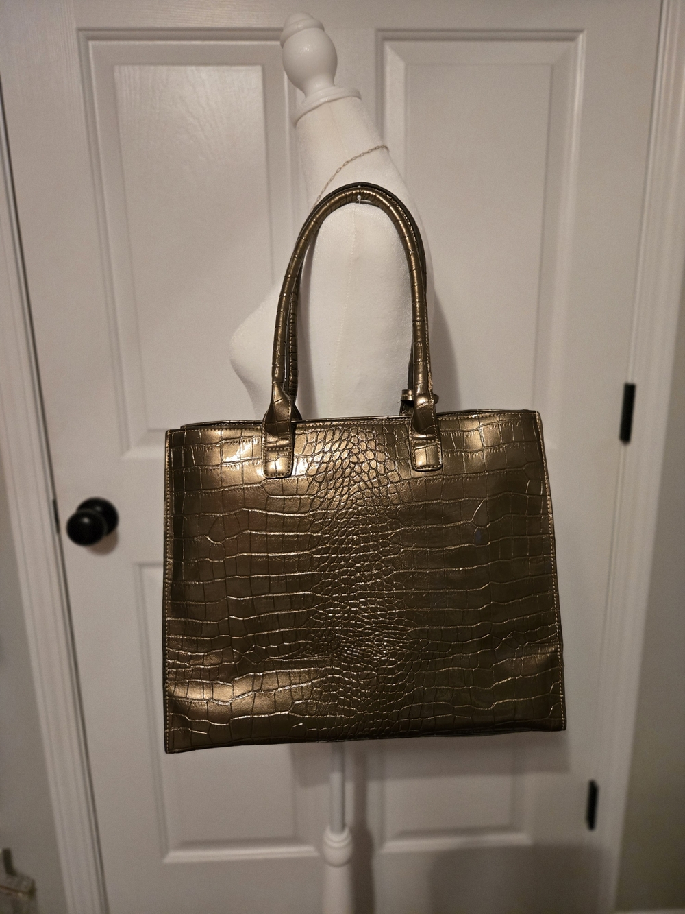 Metallic Croc-Embossed Tote Bag in Gold - Picture 2 of 4